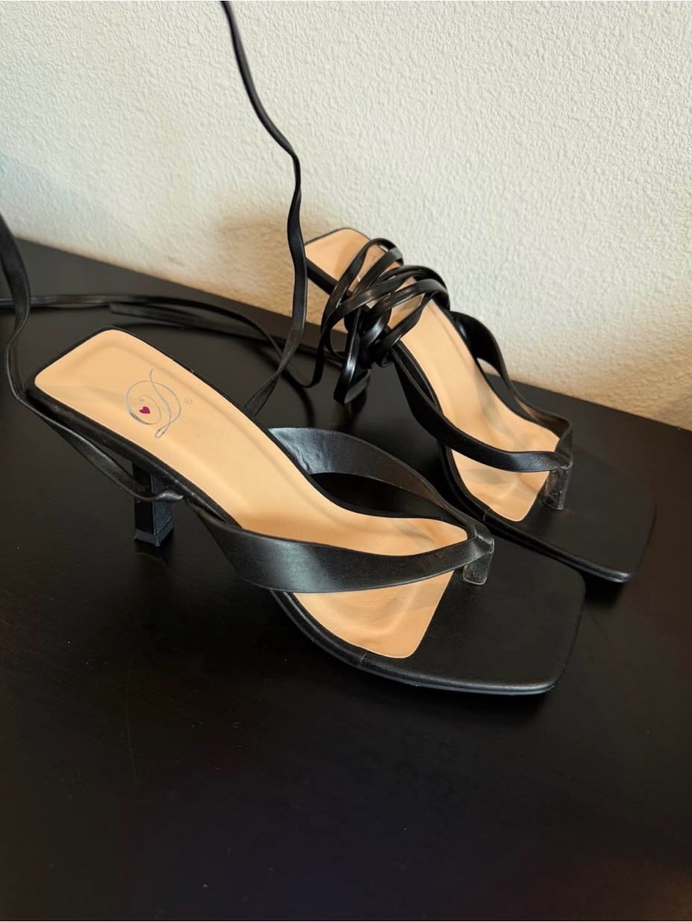 Strappy Black Square-Toe Heeled Sandals